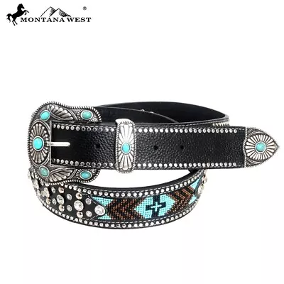 Montana West Western Aztec Hand Beaded Belt Black Medium BT-024 • $59.99