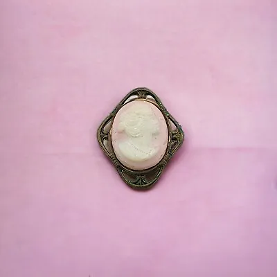 Antique Vintage Cameo Brooch Pin Art Nouveau Pink White Cameo Bronze Brooch • $10.50