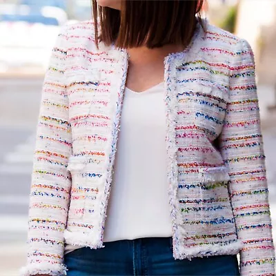 J Crew Lady Jacket Blazer Ivory Rainbow Tweed Braided Trim Womens Size 2 Petite • $79.95