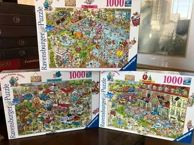 3 NEW Ravensburger Ray's Comic Ser THE CAMPSITE HOTEL & POOL 1000 Piece Puzzles • $89.99