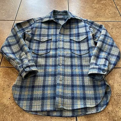 VTG Pendleton Wool Shirt Jacket Blue Tan Plaid Check Cruiser CPO Mackinaw Jacket • $79.95