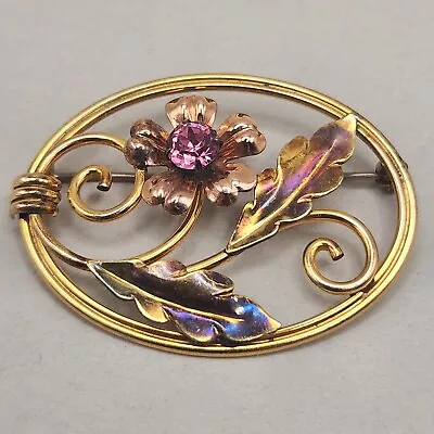 Vtg Van Dell Flower Brooch Pink Rhinestones 12K Gold Filled Oval Circle Pin • $19.95