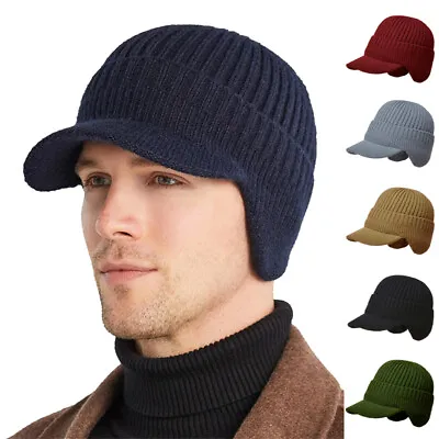 Men's Winter Fleece Lining Knitted Newsboy Cap Beanie Hat With Visor & Earflaps • $15.19