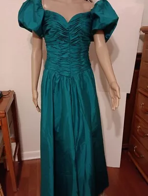 Alyce Designs Vintage 80s Emerald Green Puff Sleeves Prom Party Dress Sz 4 • $120