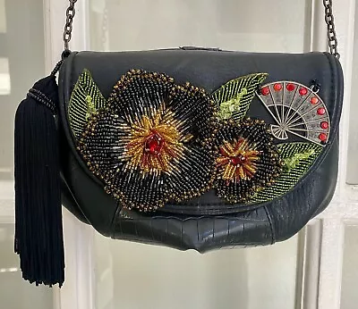 Mary Frances Black Leather Beaded Floral Pattern Handbag Purse Crossbody • $65