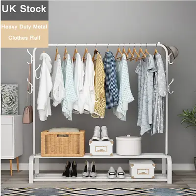 £21.83 • Buy White Clothes Rail Heavy Duty Metal Garment Rack Display Stand 2 Storage Shelf