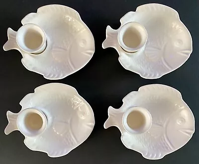 Set 4 Vintage California 786 Ceramic Pottery White Fish Snack Plates W/ Ramekin • $10