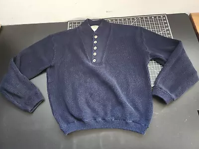 Vintage LL Bean Men's Medium Quarter Button Sweater Pullover Navy Blue USA Knit • $30.03