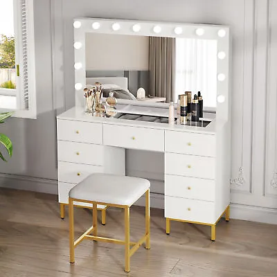 Makeup Vanity Table Set With 14 LED Mirror Dressing Table Power Station & Stool • $245.59