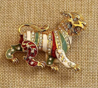 JOAN RIVERS Vintage Enamel Lion Pin Brooch Gold Tone Rhinestones Foo Dog • $85