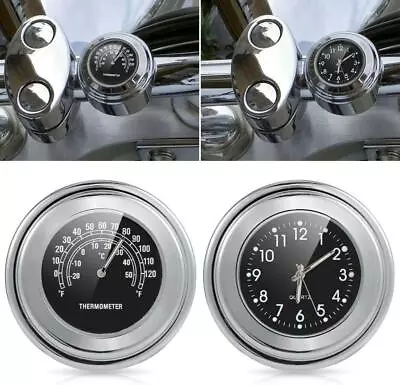 New 7/8 -1  Motorcycle Handlebar Mount Watch Black Dial Clock & Thermometer Temp • $22.79