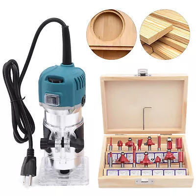 Wood Router Tool Compact Trim Router With 6 Variable Speed 15 Wood Router Bits • $48.92