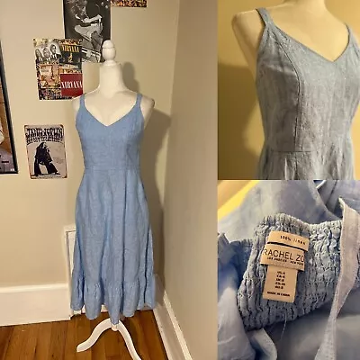 $23 • Buy Blue Linen Pockets Ruffle Cottagecore Dress Size 4 Small