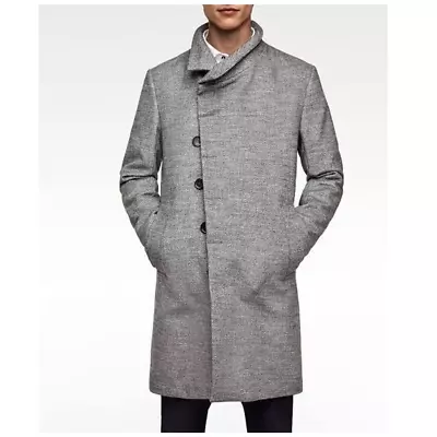 Zara Long Coat Mens Small Herringbone Gray Asymmetrical Oversized Crossover • $76.49