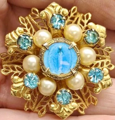 MARY BROOCH MIRACULOUS MEDAL TOPAZ COLOR STONES PEARLS GOLD TONE FILAGREE 1940’s • $39.95