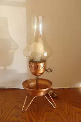 Vtg Coppertone Metal Hurricane Lamp W/amber Glass Chimney-unique Tripod Feet • $7.99