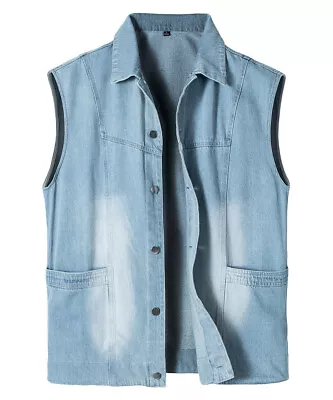 Mens Casual Denim Vest Trucker Biker Jean Waistcoat Sleeveless Jacket  • $39.49