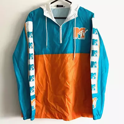 MTV Mens Size Large Aqua Blue/Orange Hooded 1/4 Zip Lightweight Jacket • $19.99