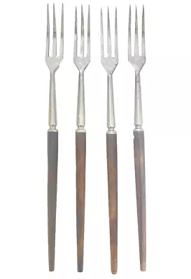 4 Vintage 3 Tine 10 3/8  Fondue Forks Wood Handle MCM Cocktail Forks Japan • $34