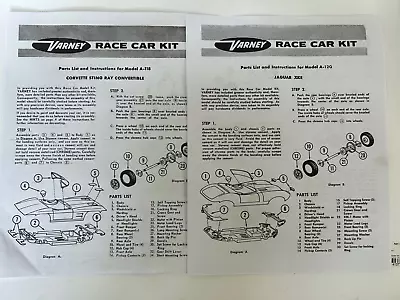 Varney 1/24 Scale Slot Car Kit Instructions For Corvette & Jaguar • $9.95