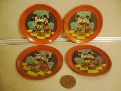 Vtg Ohio Art Tin Toy 4x Plates Dishes WALT DISNEY Mickey Minnie Mouse Pie Eyed! • $11.50