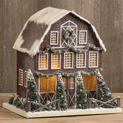 $129.99 • Buy Deep Red Gabled Farmhouse Barn Christmas Village House Draped With Garland