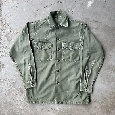 Vintage 70s US Army Sateen OG-107 Vietnam Longsleeve Shirt Mens Sz L Green Faded • $58.95