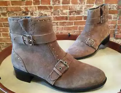 Isaac Mizrahi Taupe Suede Selby Buckle Stud Ankle Boots New • $49.95