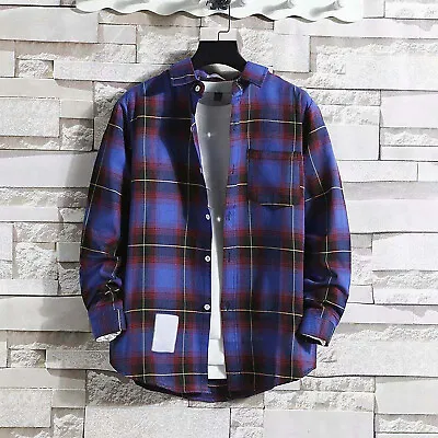 Men's Spring Casual Plaid Print Shirt Long Sleeve Loose Fit Lapel Button Shirt • $16.71