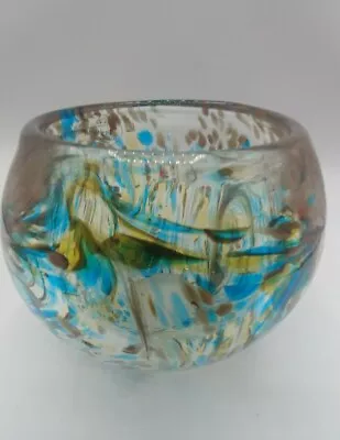 Viz Glass Inc Art Glass Globe Vase Hand Blown Art Glass 6  X 5  Gold Teal Brown • $69.62