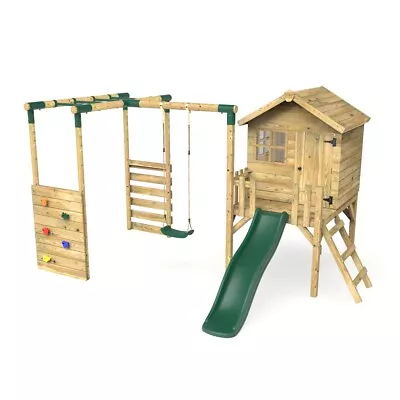 £955.95 • Buy Rebo Orchard 4FT Wooden Playhouse, Swings, Monkey Bars, Deck & 6FT Slide – Solar