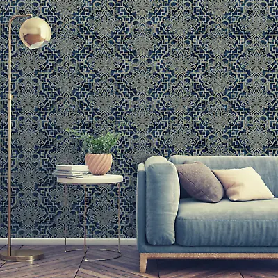 Grandeco Damask Trellis Navy Blue & Pale Gold Luxury Metallic Wallpaper A62402 • £2.99