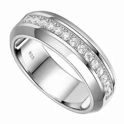 6.6MM Sterling Silver Mens Wedding Band Round CZ Mens 925 Silver Rings Size 7-14 • $35.99