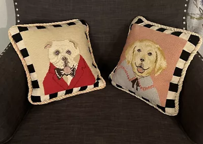 (2) Labrador & Bulldog Needlepoint Pillow Wool Petit Point  Velvet Back • $75