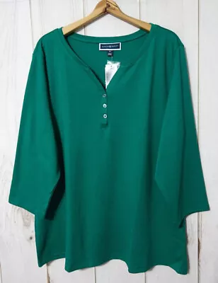 Karen Scott 3/4 Sleeve Henley Style Shirt Womens 2X Marine Green 100% Cotton NEW • $12.99