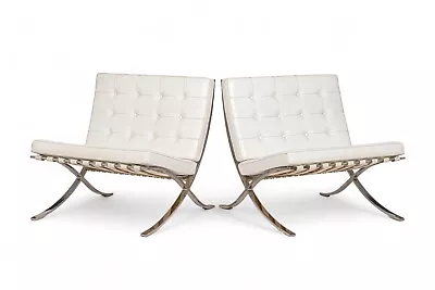 Mid Century White Barcelona Chairs By Mies Van Der Rohe For Knoll • $8075