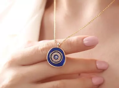 $15.99 • Buy PERGEN 14K Gold-Plated Blue, Authentic Evil Eye Necklace Summer Minimalist Gift