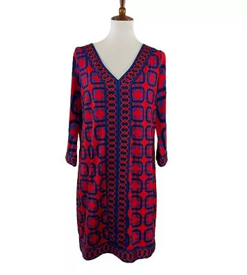 Mud Pie Navy Red Chain Link Mod Print Shift Dress 3/4 Sleeve Size Large (12-14) • $21