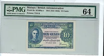 Malaya British Administration 10 Cents 1941 ND 1945 P 8 A Choice UNC PMG 64 • $79.99