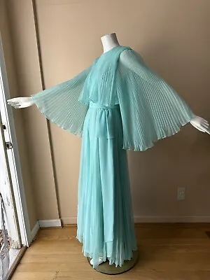 Vintage 1970s Dress Miss Elliette Pleated Maxi Plisse Angel Sleeves Sz S/M • $150