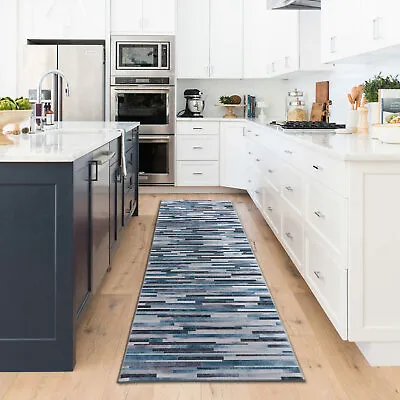 Deal Blue Grey Ivory Hallway Runner Non Slip Rubber Striped Faux Hide Rug 80x300 • $68