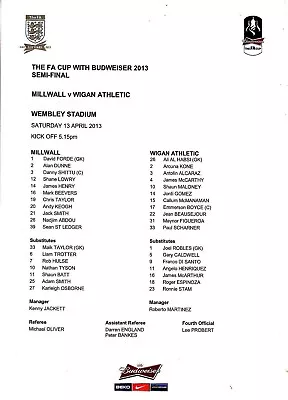 Teamsheet - Millwall V Wigan Athletic 2012/13 (13 Apr) FA Cup Semi-Final • £2.50