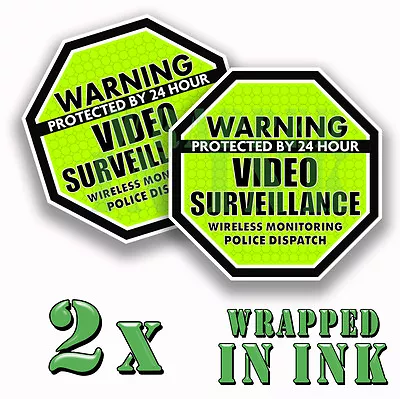 Warning 24 Hour Video Surveillance Security Stickers GREEN OCT. Decal 2 PACK 5  • $3.49