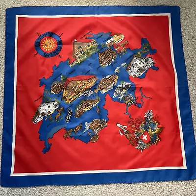 Vintage Scarf Switzerland Map & Points Of Interest 27  Square Red Blue Multi EUC • $19.99