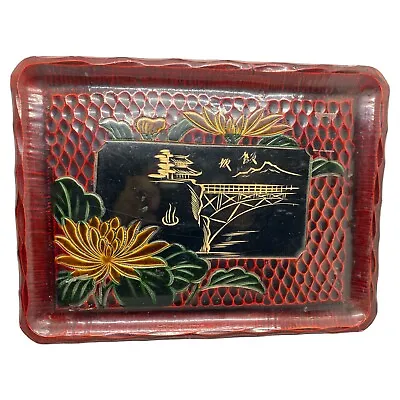 VTG Japanese Lacquerware Carved Wooden Tray Red Black & Green Vintage • $34.49