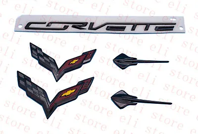 5pc 2014-2019 C7 Corvette Gloss Black Red Emblem Set Kit - Flags Stingrays • $59.89