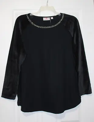 Quacker Factory XL Black Rhinestone Velvet Sleeve Christmas Knit Top New • $27