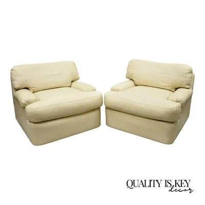 Directional Milo Baughman Swivel Beige Leather Club Lounge Arm Chairs - A Pair • $2750