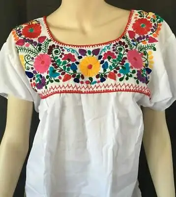 Embroidered Blouse Peasant Floral Mexican Blouse Hand Made White • $23.99