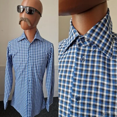 Vintage 70s Checked SHIRT | Small |  Blue PolyCotton Mod Disco SLIM AT02 • £16